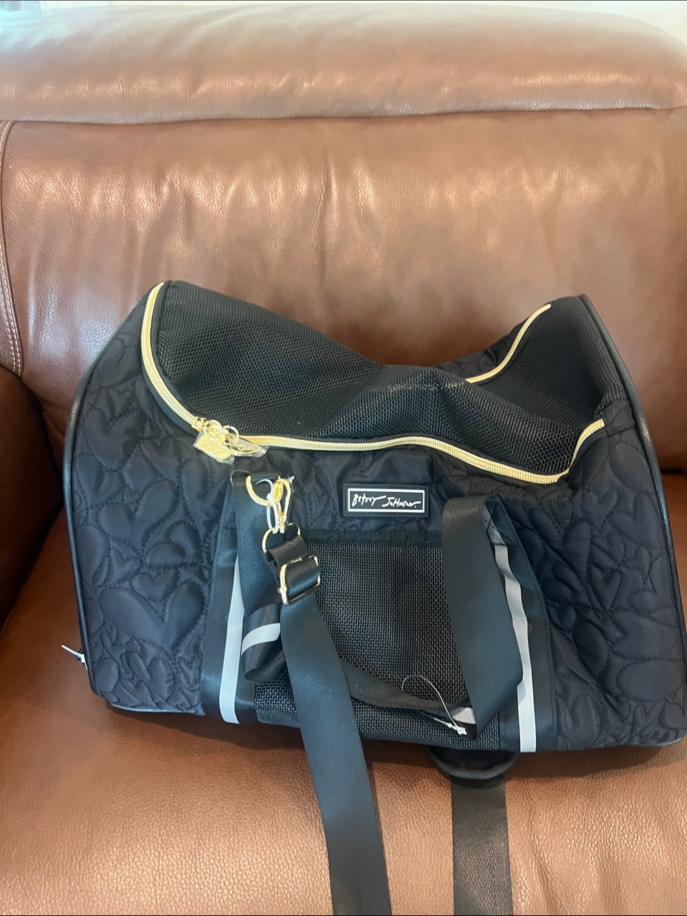 Betsey Johnson Black Quilted Pet Carrier with Gold Trim